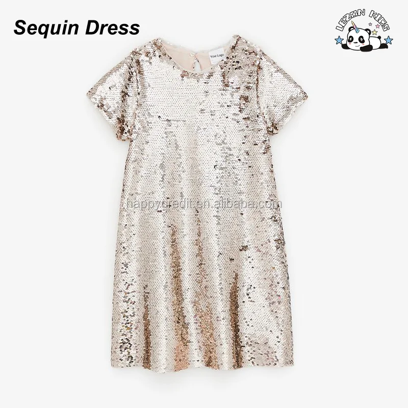 LEZONKIDS - Vestido de Camiseta com Lantejoulas Reversíveis Dourado-Rosa Roupas de Crianças Vestidos para Meninas